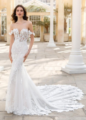 Ivory Floral Lace Tulle Mermaid Wedding Dress With Detachable Straps